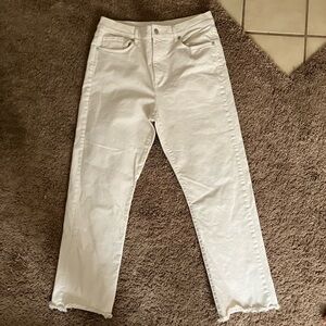 LOFT Cream Distressed Straight Crop Jeans